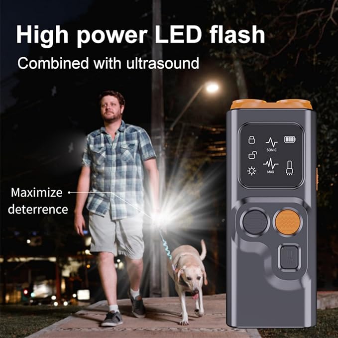 Ultrasonic Dog Bark Deterrent Device with LED Flashlight & Rechargeable Battery, 20ft Range Anti Barking Control for Indoor/Outdoor Use, Safe Alternative to Shock Collars（Classic Model）