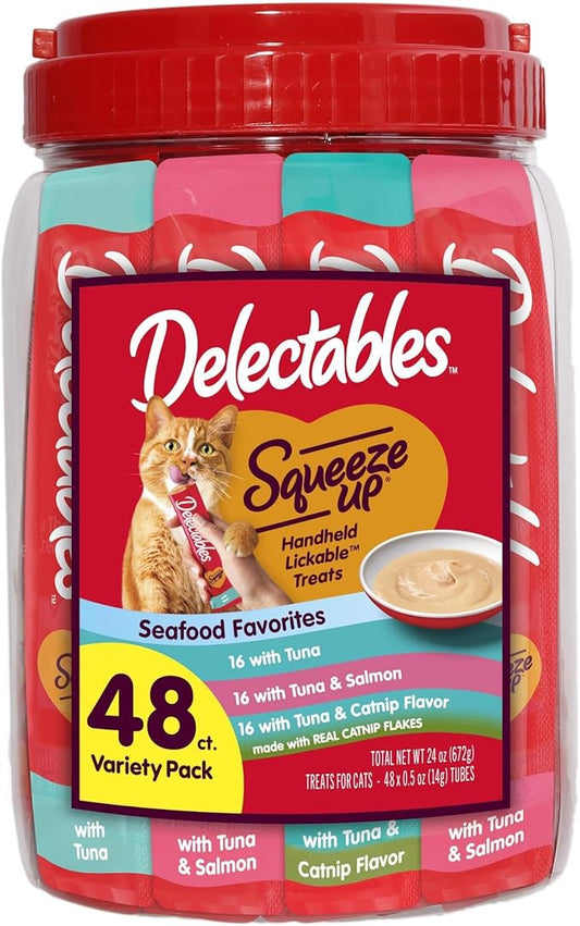 Hartz New! Delectables Squeeze Up Tuna Variety Pack, Creamy Squeezable Puree, Lickable Wet Cat Treats, Grain-Free, No Added Fillers, 0.5 Ounces Tube, 48 Tubes Total