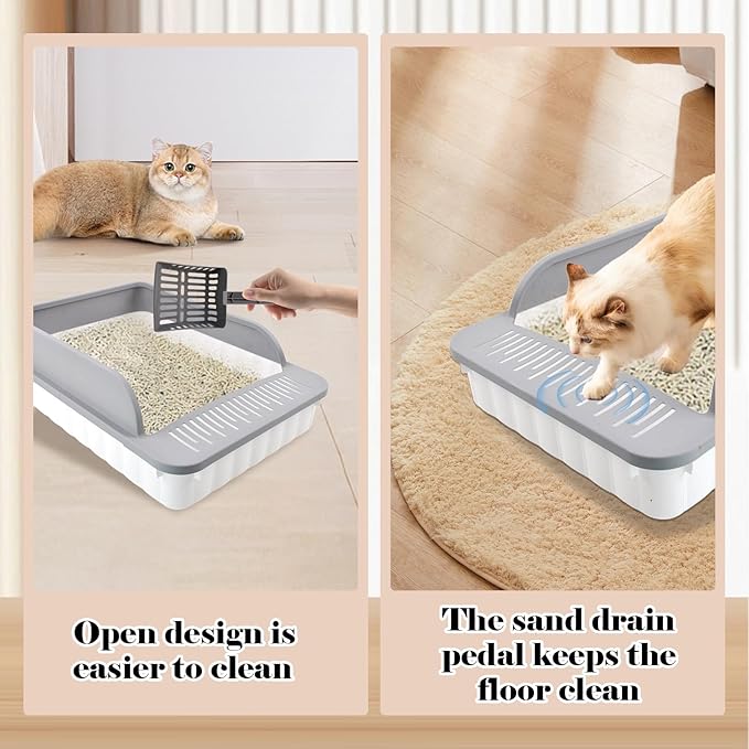 Open Cat Litter Box with High Side Anti-Splashing Cat Toilet with Litter Sifting Scoop Semi-Enclosed Kitten Litter Tray Pan Removable Prevent Sand Leakage Deodorizing Easy to Clean(Grey)