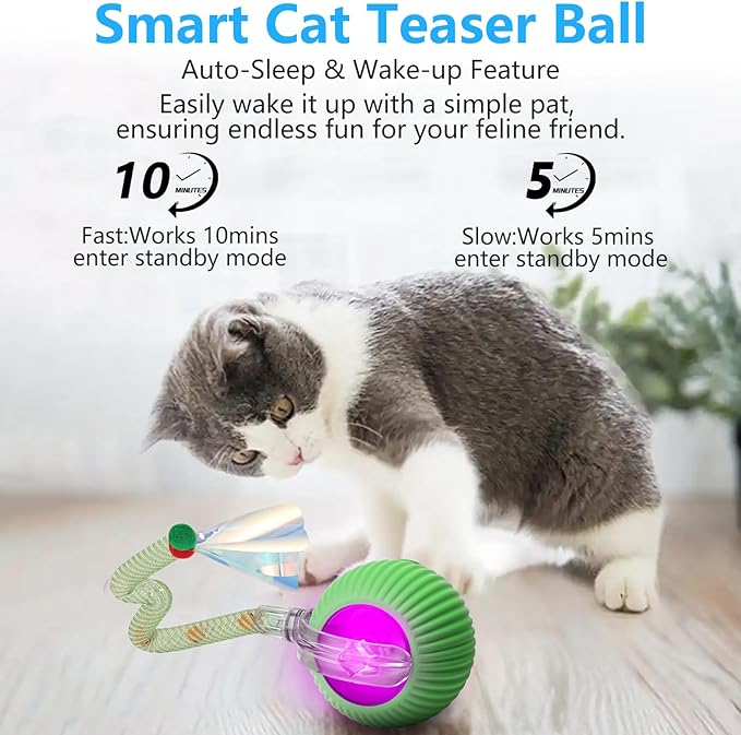 2Packs Interactive Cat Toys for Indoor Cats, Interactive Cat Ball Toy with Elastic Mesh Tail, Automatic Cat/Kitten Toys with Chirping & Motion Activate, Cat Toys for Bored Indoor (Yellow+Green)