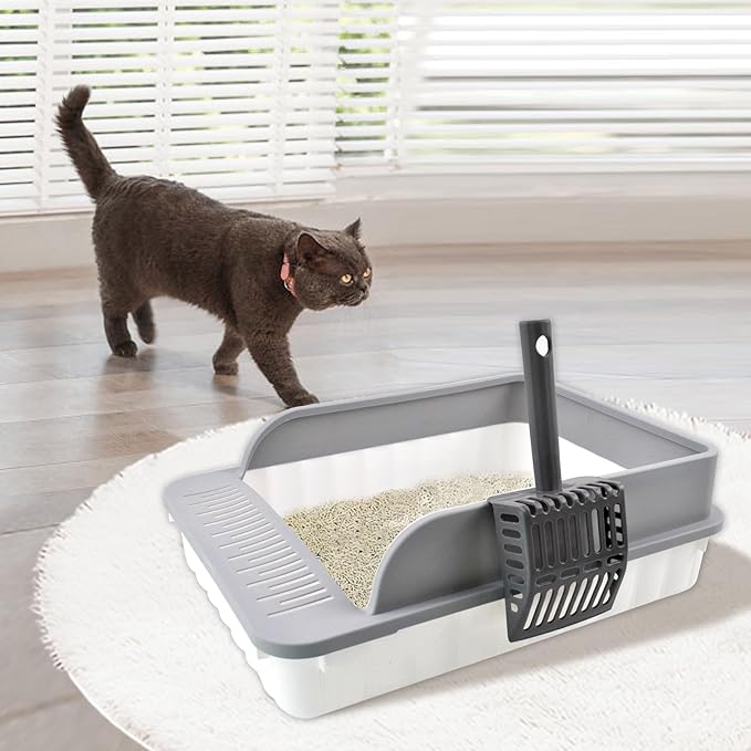 Open Cat Litter Box with High Side Anti-Splashing Cat Toilet with Litter Sifting Scoop Semi-Enclosed Kitten Litter Tray Pan Removable Prevent Sand Leakage Deodorizing Easy to Clean(Grey)