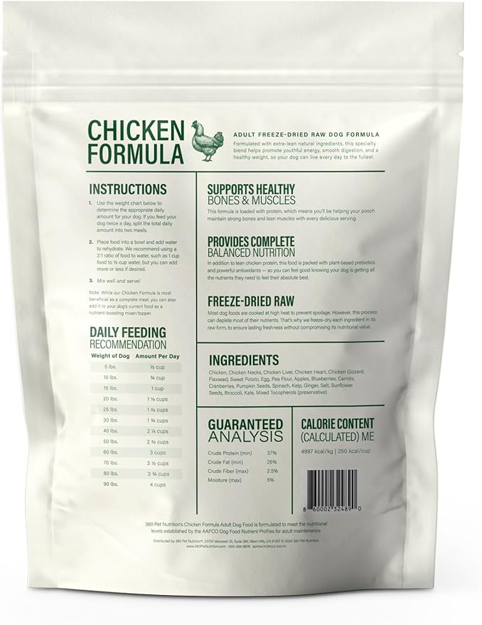 360 Pet Nutrition Freeze-Dried Raw Dog Food, High Protein, Balanced Meal, Chicken, Liver, Heart, Fruit, Veggies, Superfoods, No Fillers, 5 oz Food/Bites/Kibble Trial Size (Chicken) Made in USA