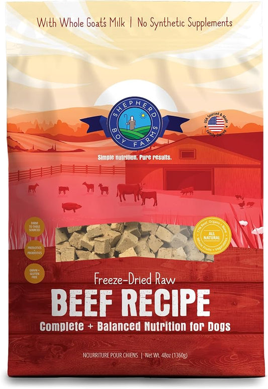 Freeze Dried Raw Dog Food, Beef Recipe, All Natural, No Synthetics, Made in USA with Goat's Milk & Organic Produce, High Protein, Complete Meal (48oz)