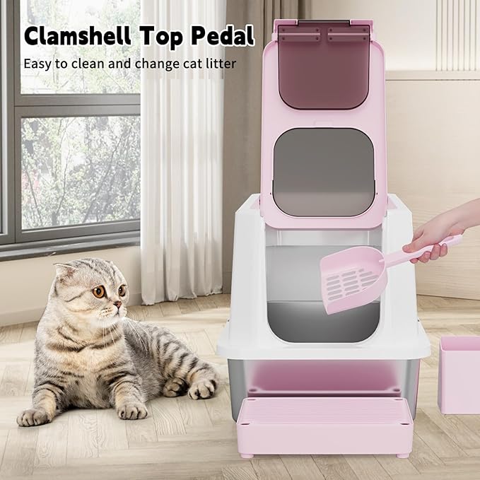 RIZZARI Stainless Steel Cat Litter Box, Enclosed Top-Entry Design, Large Capacity High-Sided Leak Proof Litter Pan for Cats, Easy Clean Pet Toilet (Pink)