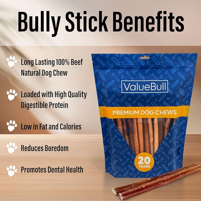 ValueBull Bully Sticks for Dogs, Thick 12 Inch, 50 Count - All Natural, Grass Fed, Single Ingredient, Long Lasting Dog Treats