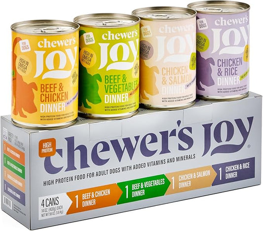 Chewer's Joy Wet Dog Food Variety Pack – 4 Flavors: Beef & Chicken, Chicken & Salmon, Chicken & Rice or Beef & Vegetables – Natural Pâté – High Protein – Complete Nutrition (14oz) – Pack of 4