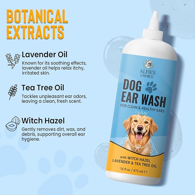 ALFIE'S CHOICE Dog Ear Wash Cleaner – Soothes Itchy Ears, Removes Wax & Odor – with Tea Tree Oil, Lavender & Witch Hazel – Gentle Ear Wash for Dogs & Cats 16 fl oz