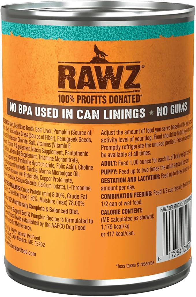 Rawz Natural Pet Food, Digestive Support Canned Dog Food, 12.5 Ounce (Beef & Pumpkin) Case of 12 Cans