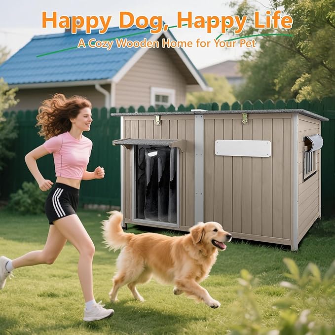 55" L Extra Large Outdoor Dog House Weatherproof with Anti-Chewing Frame, Waterproof Outside Dog Kennel Doghouse Shelter with Removable Floor, Open Roof, 10 Support Feet