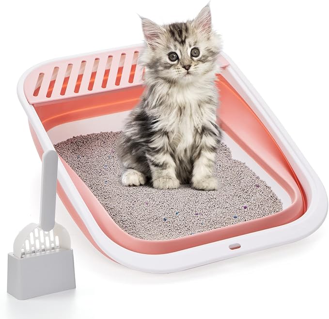 Open Top Cat Litter Box, Large Foldable Cat Potty Height-Adjustable Sides Anti-Splash, Open Air Kitty Litter Pan No Smell, Cat Toilet Easy Clean with Cat Litter Scoop (Pink)