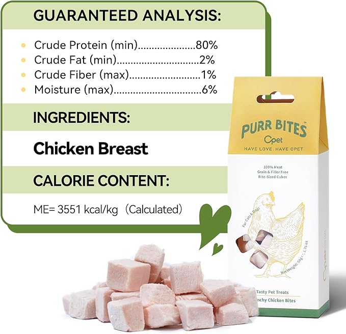 OPET Freeze Dried Chicken Cat Treats, Single Ingredient Grain Free High Protein Pet Food for Cats and Dogs, Healthy Training Snacks，Freeze Dried Food Topper (Chicken Cubes, 1.76 Ounce)