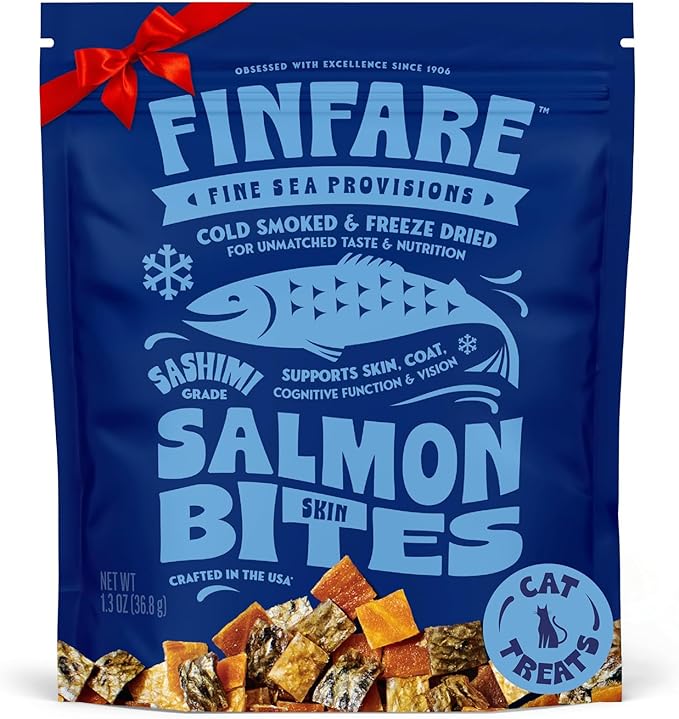 Finfare Freeze Dried Salmon Skin Bites, Grain Free Crunchy Salmon Cat Treats, High Protein & Omega-3s for Skin & Coat Health, Crafted in USA, 1.3oz