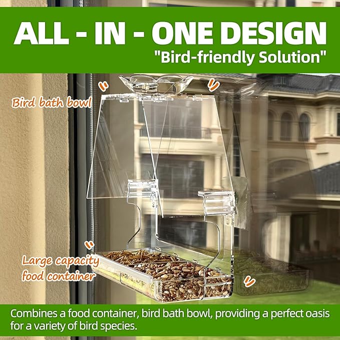 Window Bird Feeder with Non-Marking Self-Adhesive Hooks, Clear and Transparent, Outdoor Wild Bird Watching Gift, Garden Decor (with Large Window)