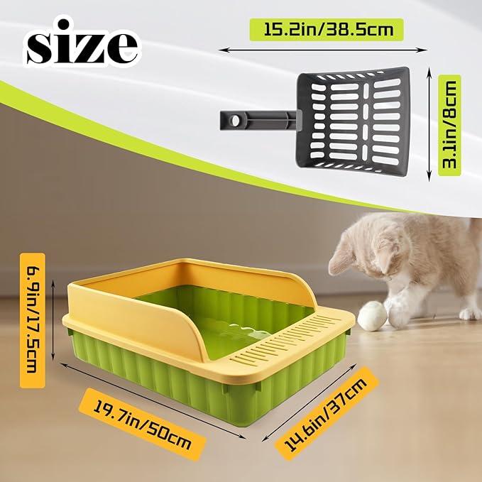 Open Top Cat Litter Box with High Side Anti-Splashing Cat Toilet with Litter Sifting Scoop Semi-Enclosed Kitten Litter Tray Pan Removable Prevent Sand Leakage Deodorizing Easy to Clean(Green)