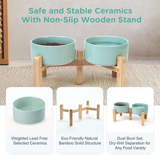 SPUNKYJUNKY Elevated Dog Bowls Ceramic, 6.1'' Dogs and Cat Food Water Bowls Raised with Non-Slip Bamboo Stand for Medium Sized Breed Microwave Dishwasher Safe - 28.7 OZ,Light Green
