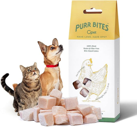 OPET Freeze Dried Chicken Cat Treats, Single Ingredient Grain Free High Protein Pet Food for Cats and Dogs, Healthy Training Snacks，Freeze Dried Food Topper (Chicken Cubes, 1.76 Ounce)