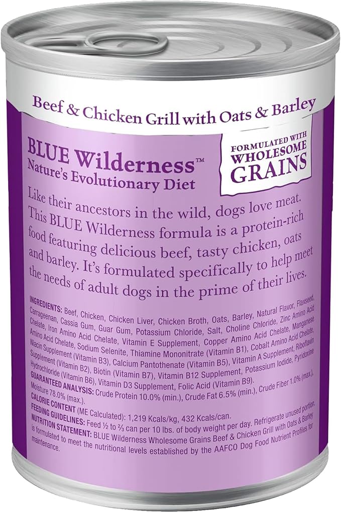 Blue Buffalo Wilderness Adult Wet Dog Food with Wholesome Grains, Made with Natural Ingredients, Beef & Chicken Grill, 12.5-oz. Can (12 Count)