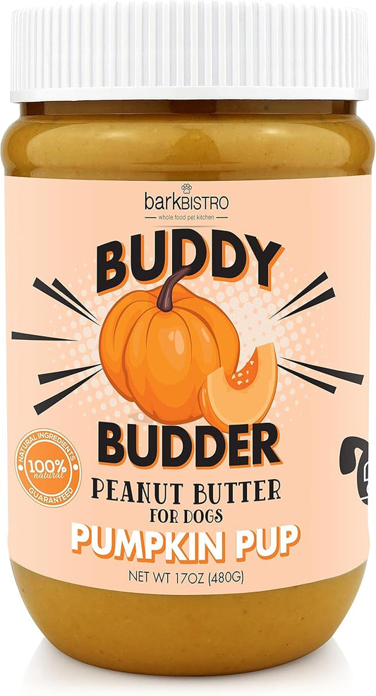 Pumpkin Pup Buddy BUDDER, 100% Natural Dog Peanut Butter, Healthy Peanut Butter Dog Treats, Made in USA, (17oz Jars)