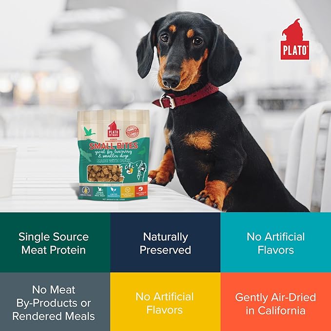 Plato Pet Treats Air Dried Small Bites Dog Treats, Natural Bite Sized Real Meat & Duck, Grain Free & High Protein, Made in the USA, 6oz