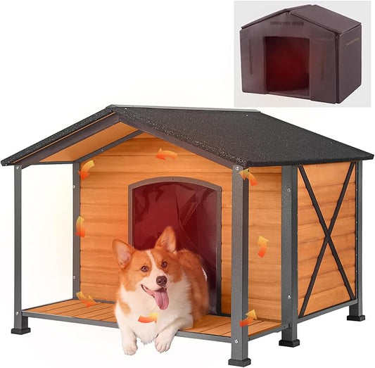 Aivituvin Dog House Outdoor with Metal Frame, Insulated Dog Kennel Outside for Large Breed, 41.5" Weatherproof Large Dog Shelter with Insulated Liner, Brown (41.38" D x 41.54" W x 34.05" H)