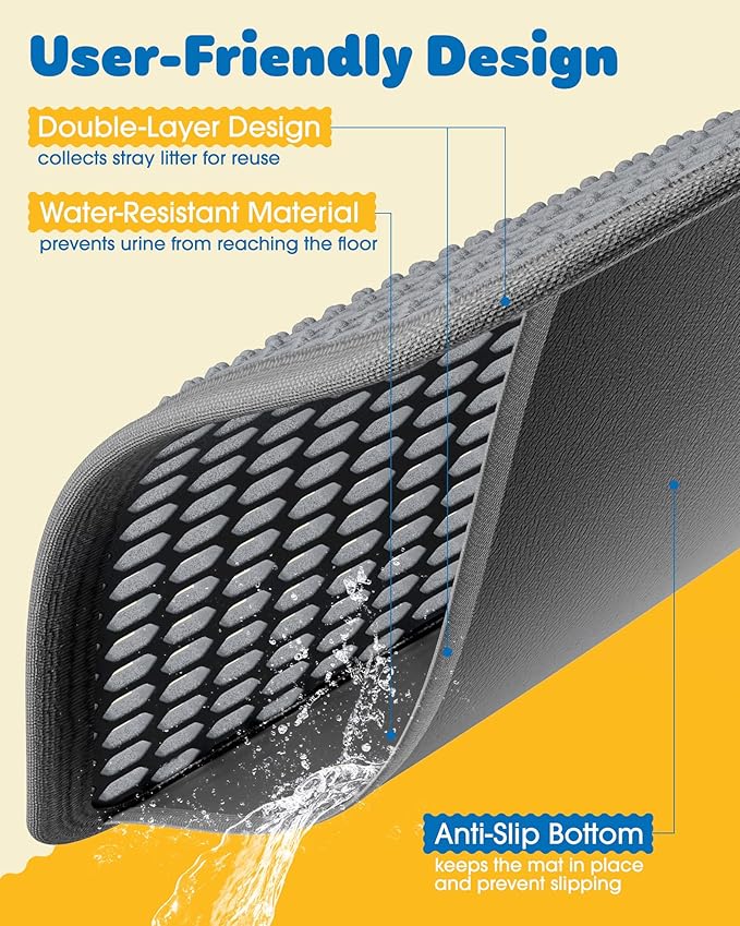 Cat Litter Mat - 23.2'' x 14.6'' Small Litter Trapping Mat, Easy to Clean Litter Box Mat, Waterproof, Urine-Proof, Non-Slip Kitty Litter Mats for Floor, Grey