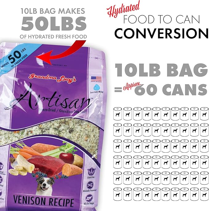 Grandma Lucy's Artisan Dog Food, Grain Free and Freeze-Dried - Artisan Venison, 10Lb Bag