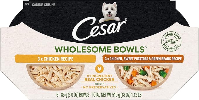 Cesar Wholesome Bowls Adult Wet Dog Food, Chicken Recipe and Chicken, Sweet Potatoes & Green Beans Recipe Variety Pack, 3 oz. (6 Count, Pack of 1)