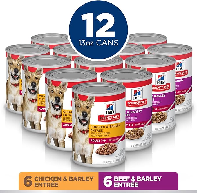Hill's Science Diet Adult 1-6, Adult 1-6 Premium Nutrition, Wet Dog Food, Variety Pack: Chicken & Barley; Beef & Barley Loaf, 13 oz Can Variety Pack, Case of 12