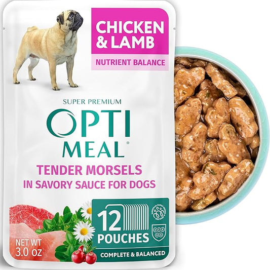 Optimeal Wet Dog Food Pouches - Grain Free Chicken & Lamb Recipe, High Protein, Tender Morsels in Savory Sauce, Made with Natural Ingredients for Dogs, Premium Nutrition - 3 oz, Pack of 12