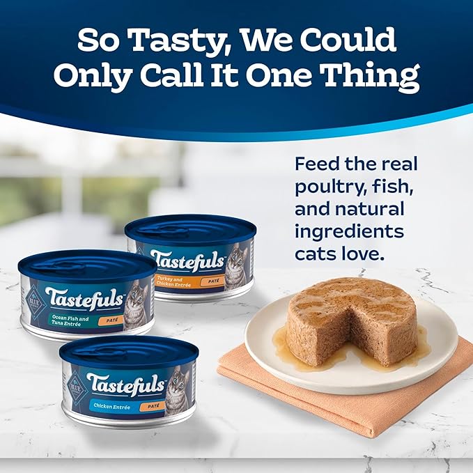 Blue Buffalo Tastefuls Wet Cat Food Paté Variety Pack, Made with Natural Ingredients, Chicken, Turkey & Chicken, Ocean Fish & Tuna Entrées, 5.5-oz Cans (24 Count, 8 of Each)