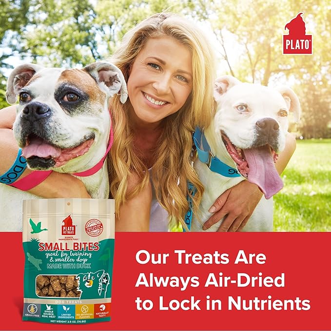 Plato Pet Treats Air Dried Small Bites Dog Treats, Natural Bite Sized Real Meat & Duck, Grain Free & High Protein, Made in the USA, 6oz