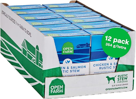 Open Farm Rustic Stews Wet Dog Food, Grain-Free, Complete & Balanced with Human-Grade Ingredients, Humanely-Raised Meat & Bone Broth, Chicken & Salmon Recipe, 12.5oz Packs (Case of 12)