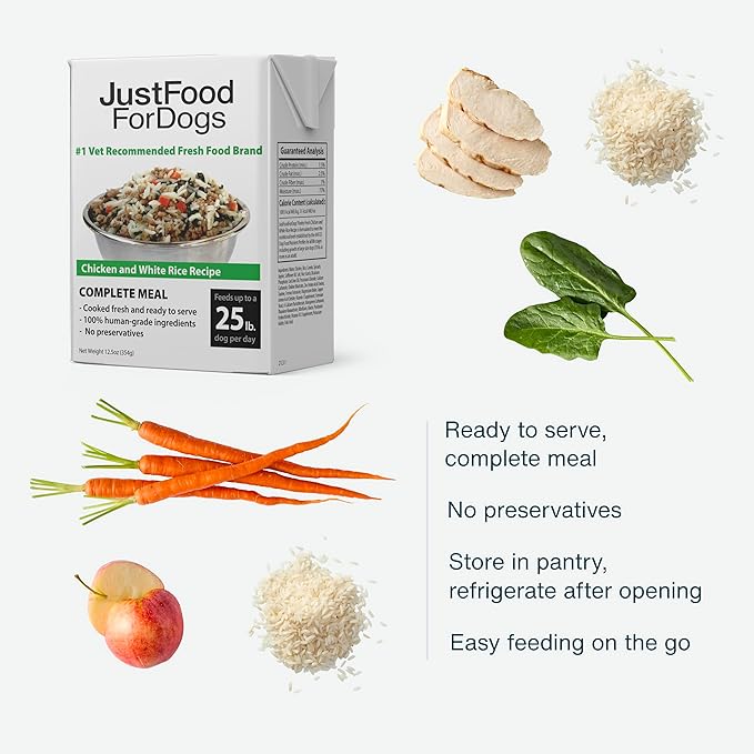 JustFoodForDogs Pantry Fresh Wet Dog Food, Complete Meal or Topper, Chicken & White Rice Human Grade Recipe - 12.5 oz (Pack of 6)