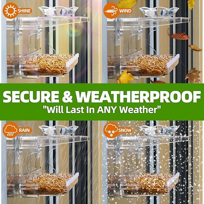Window Bird Feeder with Non-Marking Self-Adhesive Hooks, Clear and Transparent, Outdoor Wild Bird Watching Gift, Garden Decor (Standard)