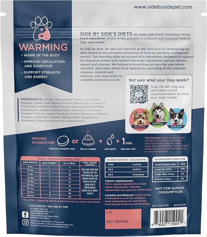 Side by Side Chicken Patties, Warming Dog Food for All Breeds, Freeze-Dried Raw Superfood, Made of Whole Foods, Complete & Balanced Meal or Topper for Dogs, Non-GMO, No Artificial Additives, 14 oz