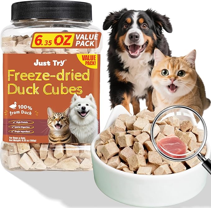Just Try 6.35 oz Freeze-Dried Duck Cubes for Dogs & Cats – Single-Ingredient Dog Treats&cat Treats, Grain-Free, High Protein, Low Fat, Supports Skin & Joint Health – Natural Training Treats