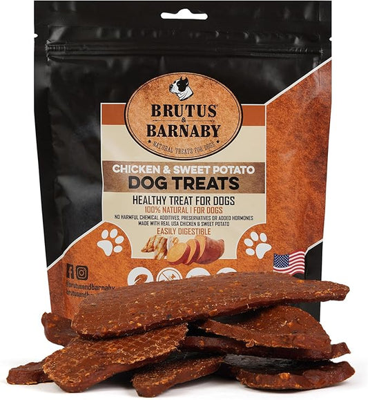 BRUTUS & BARNABY Chicken & Sweet Potato Jerky Dog Treats - Grain-Free, Preservative-Free, No Fillers - All Natural USA Chicken & Sweet Potato, High in Antioxidants - Healthy, Tasty Treat for Dogs