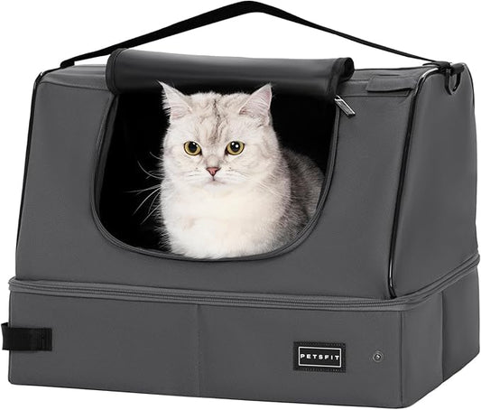 PETSFIT Portable Cat Litter Box - Removable 2-Layer Leak-Proof Lining, Scratch-Resistant Fabric with Sturdy Support Frame, Travel & Collapsible Cat Litter Box Grey