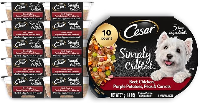 Cesar Simply Crafted Adult Wet Dog Food Meal Topper, Beef, Chicken, Purple Potatoes, Peas & Carrots, 1.3oz. (10 Count, Pack of 1)