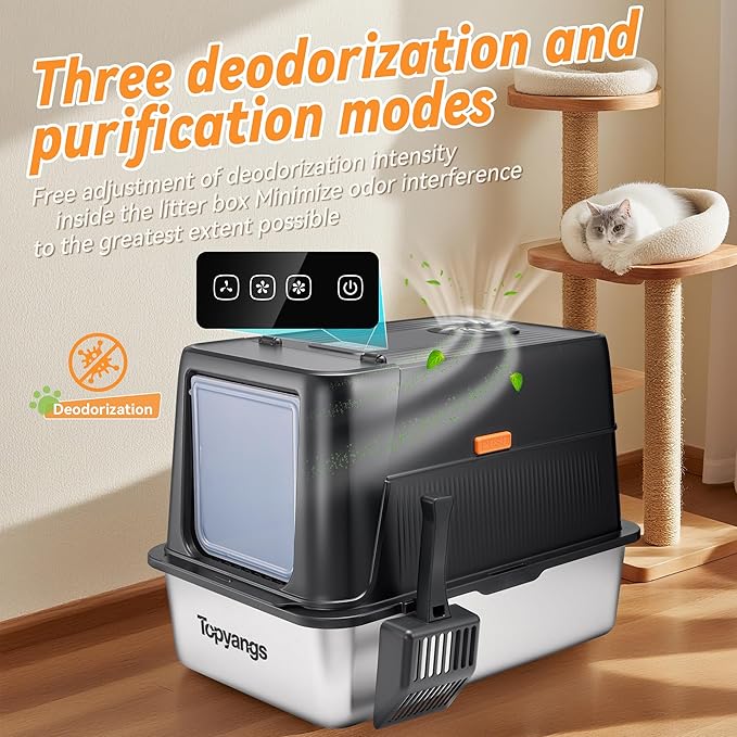 Odor-Control Stainless Steel Litter Box, 135° Flip-Top Metal Cat Litter Box with Electric Deodorization, Enclosed High Sided Litter Pan, Breeze Litter Box System, Anti-Urine Leakage