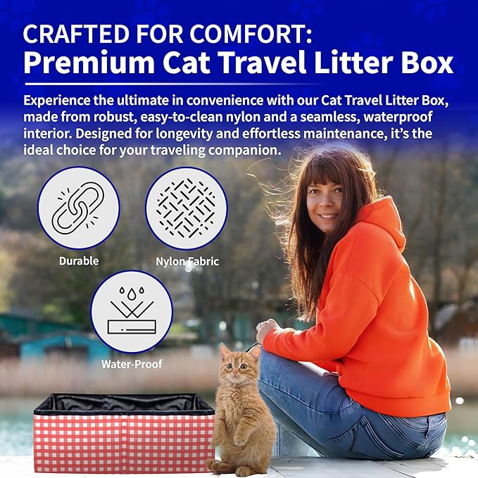 Pet Fit For Life - Vibrant Collapsible Travel Cat Litter Box - Portable, Foldable, Compact Design with Bonus Water Bowl - Ideal for Car & Camping - Reusable, Cats Safe - Coral, (16"x12"x5")
