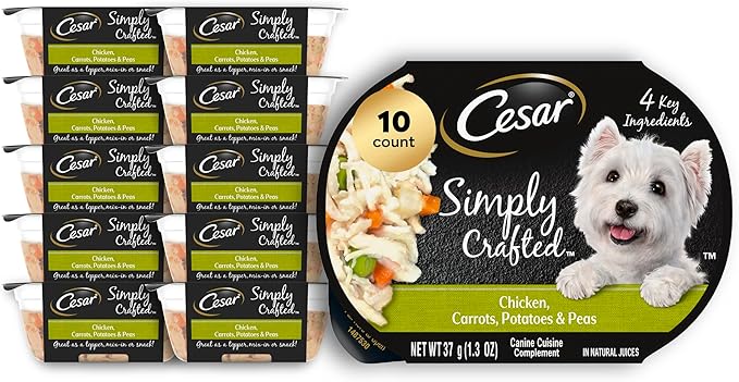 Cesar Simply Crafted Adult Wet Dog Food Meal Topper, Chicken, Carrots, Potatoes & Peas, 1.3oz. (10 Count, Pack of 1)