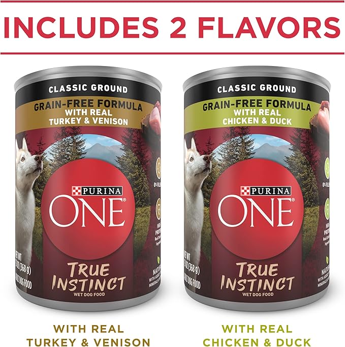 Purina ONE True Instinct Classic Ground Grain-Free Formulas With Real Turkey and Venison, and With Real Chicken and Duck High Protein Wet Dog Food Variety Pack - (Pack of 6) 13 oz. Cans