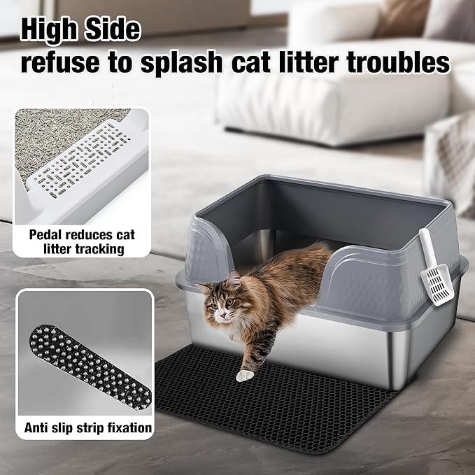 Suhaco Extra Large Stainless Steel Litter Box with Lid XXL High Sided Cat Litter Boxes Included Litter Mat & Litter Scoop Anti-Urine Leakage Metal Pet Toilet for Big Cats (Grey XXL)
