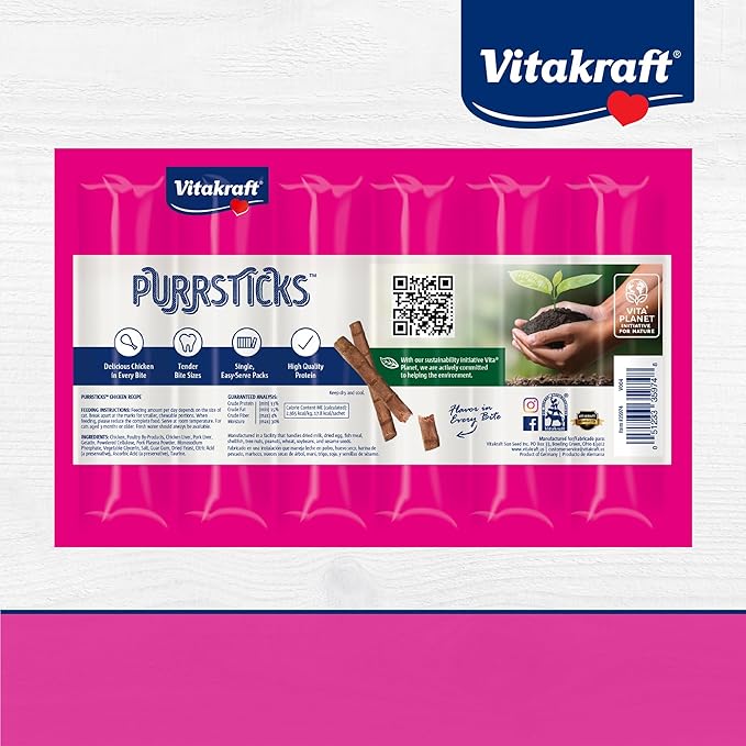 Vitakraft PurrSticks for Cats - Nutritious & Healthy Soft Cat Treats - Gently Oven Roasted Meat Sticks for Cats w/ 70% Meat - Easy-to-Serve Cat Chew Sticks (Chicken, 60 Pack)