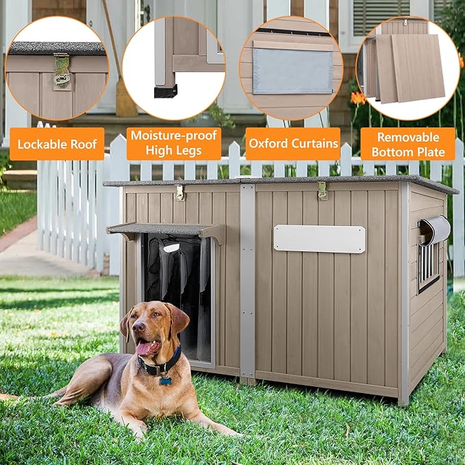 55" L Extra Large Outdoor Dog House Weatherproof with Anti-Chewing Frame, Waterproof Outside Dog Kennel Doghouse Shelter with Removable Floor, Open Roof, 10 Support Feet