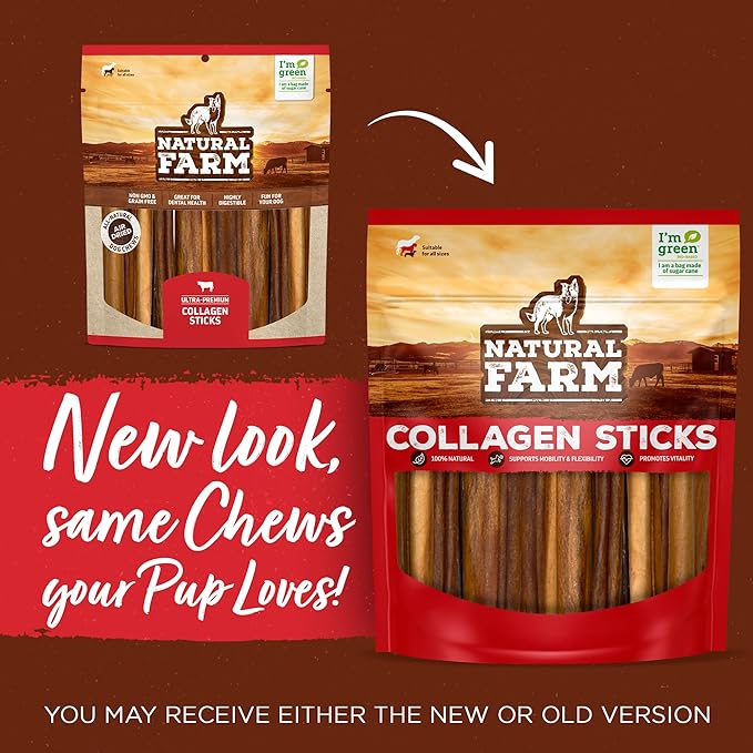 Natural Farm Collagen Sticks for Dogs (6 Inch, 25 Pack), Odor-Free Long Lasting Chews & Rawhide Alternative - 95% Collagen, Low Fat, High Protein - Best Dental Dog Treats - Medium & Large Dogs