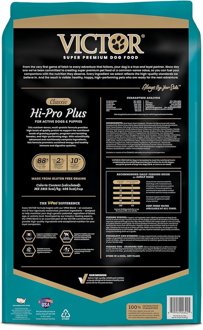VICTOR Super Premium Dog Food – Hi-Pro Plus Dry Kibble – High Protein Dog Food with 30% Protein – Beef, Chicken, Pork, Fish Meals, Gluten Free - for High Energy and Active Dogs & Puppies, 30lbs