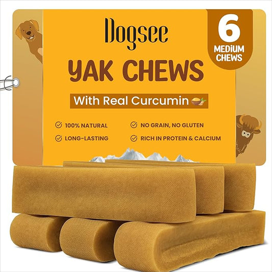 Dogsee Himalayan Yak Cheese Dog Chews with Turmeric/Curcumin (Medium - 6Chew) | Long Lasting | Anti-inflammatory | Fights Plaque and Tartar | Odorless Dog Treats