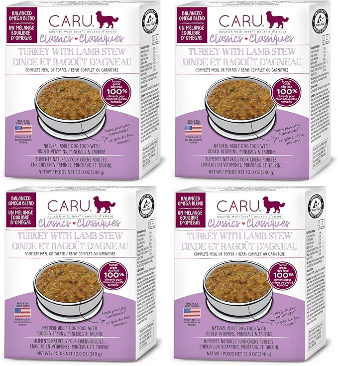 Caru - Classics Turkey with Lamb Stew for Dogs - Healthy Wet Dog Food or Food Topper - Balanced Omega Blend - 12.5 oz Cartons - Pack of 4